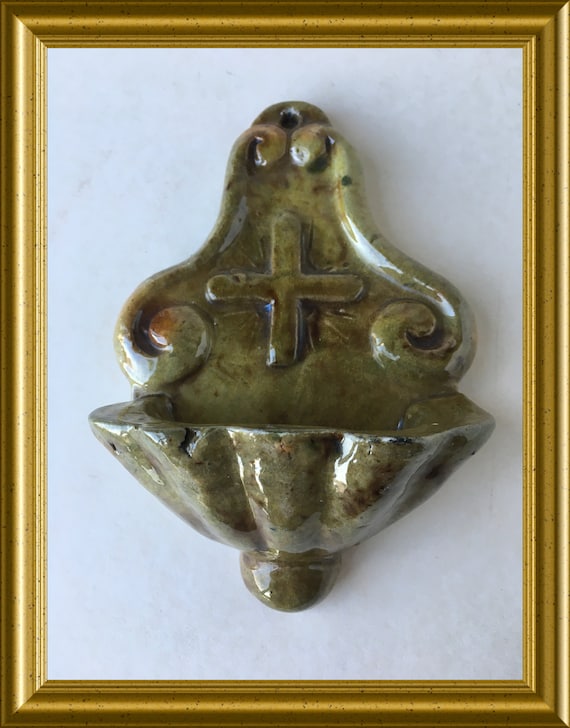 Vintage ceramic holy water font: cross