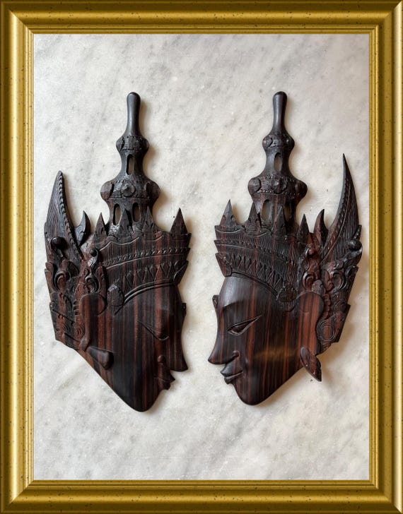Vintage coromandel wood wall masks, Rama and Sita