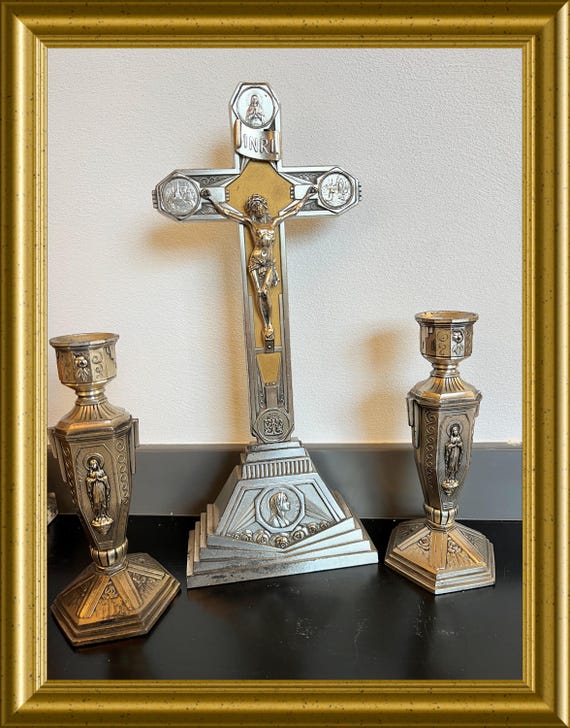 Art deco standing cross with two candlesticks