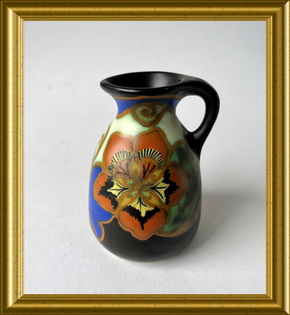 Antique small hand painted jug: Goedewaagen art pottery Gouda