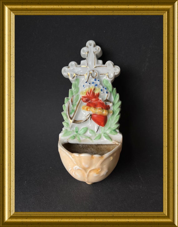 Antique porcelain holy water font: anchor, cross, heart, hope, faith, love