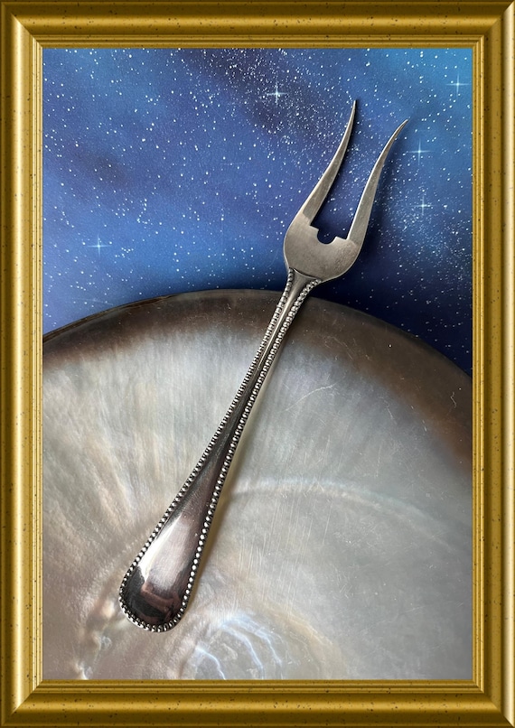 Vintage silver fork with pearl border, small meat fork, serving fork