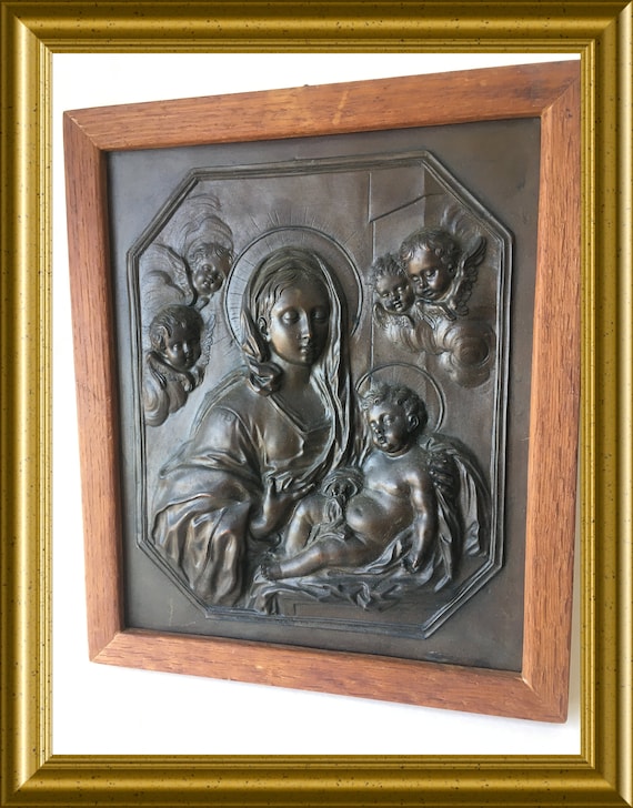Vintage metal relief wall hanging/ plaque/ icon: Holy Mary