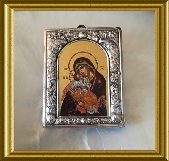 Small silver frame with hand painted icon: mother with child