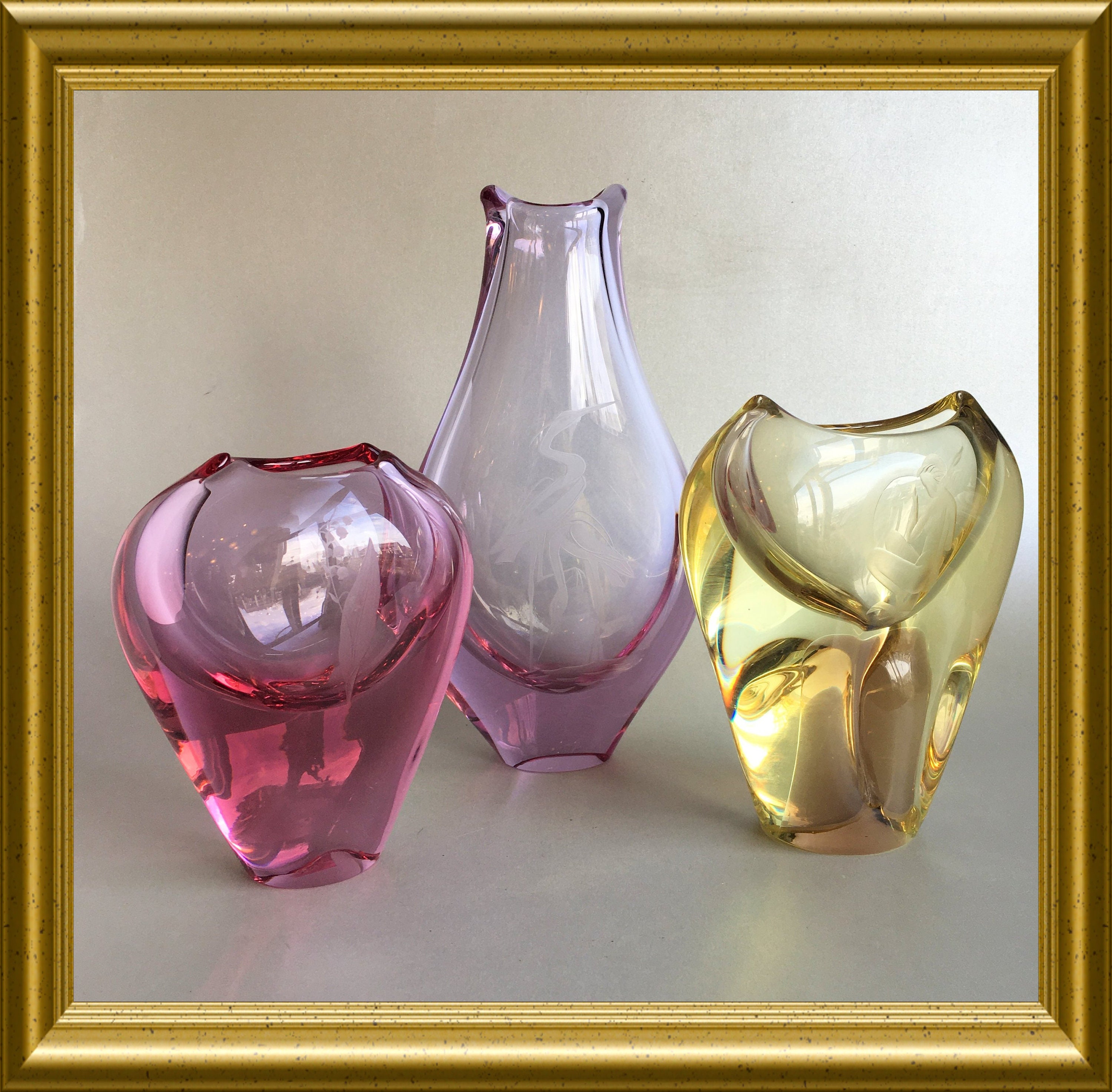 Vintage lilac glass design vase Miloslav Klinger, ZBS, etched birds, crane