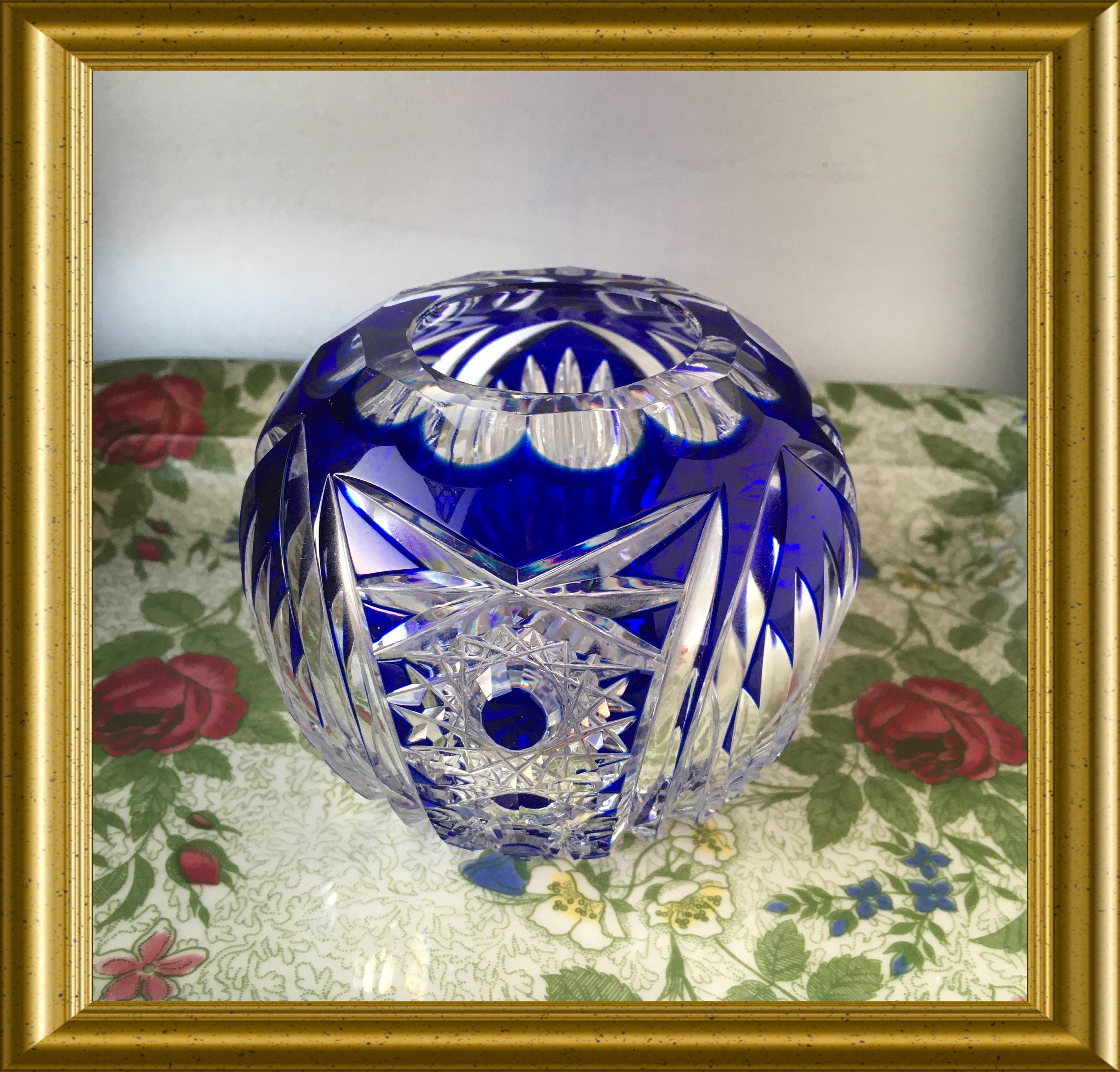 Blue cut glass small vase