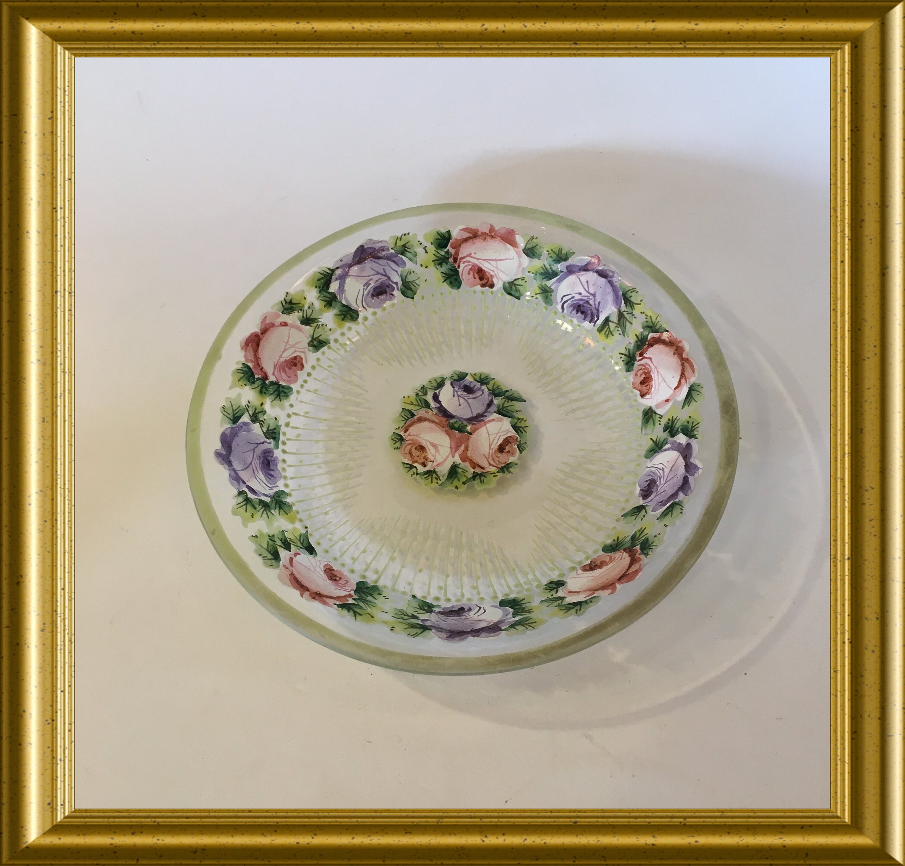 Set of six antique glass dishes with enamel painted flowers