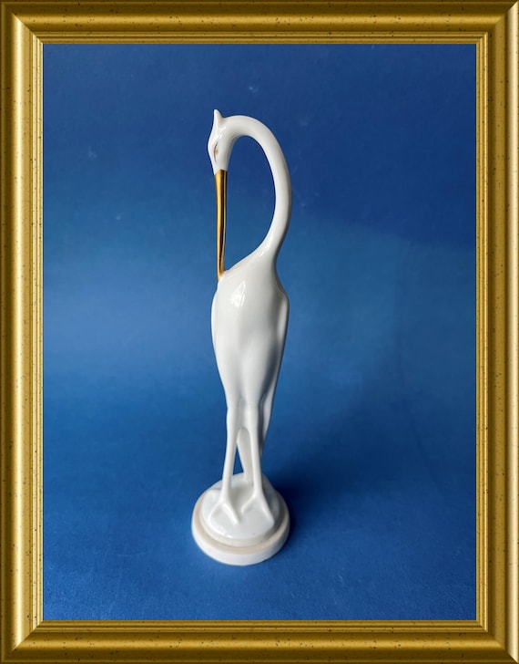Lovely Hungarian porcelain bird figurine: heron / crane, Hollohaza
