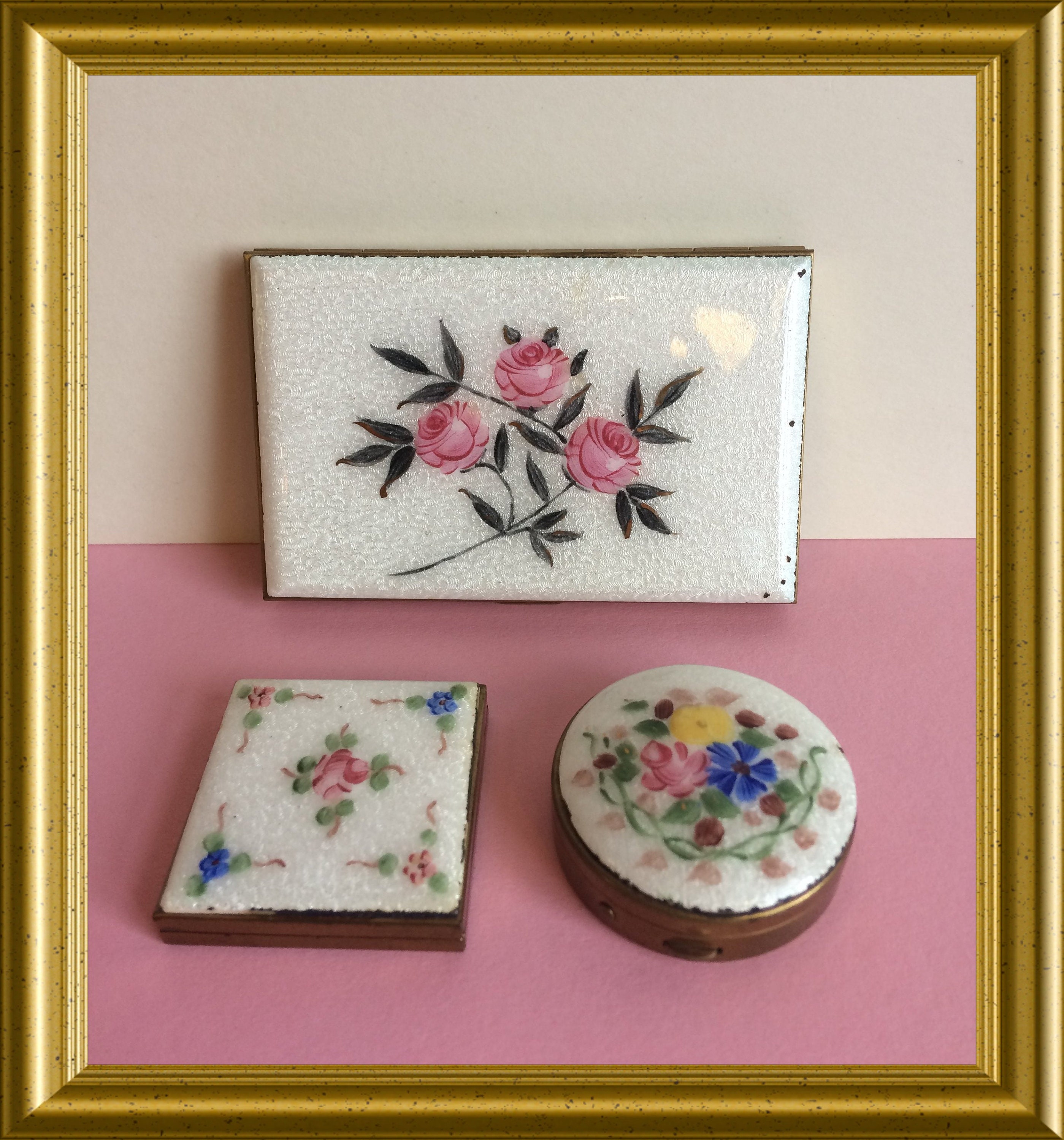 Vintage business card case, guilloche enamel rose