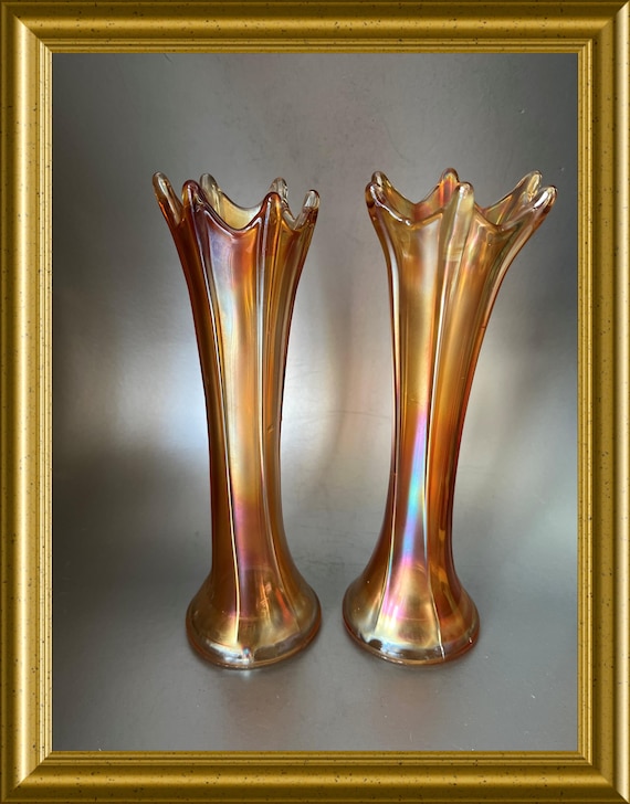 Vintage pair of two marigold carnival glass vases