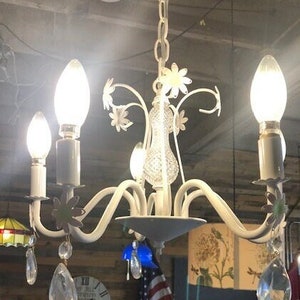White Chandelier with crystals and hand painted flowers
