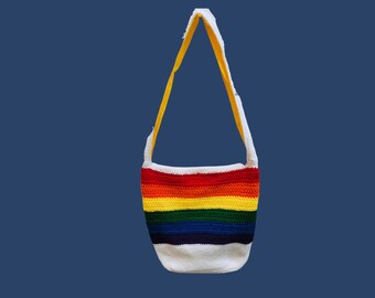 Crochet Crossbody Bag with fabric lining, Pride with White Trim