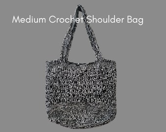 Medium Crochet Shoulder Tote Back, Black & White Weave, Crochet Tote, Crochet Shoulder Tote, Crochet Handbag, Crossbody Shoulder Bag