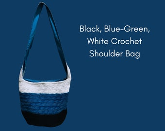 Large Crossbody Crochet bag in Black, Blue-Green & White