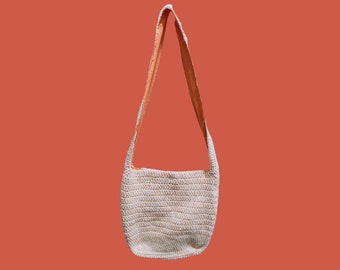 Crochet Crossbody Bag with fabric lining, Peach & White Weave