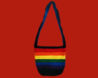 Crochet Crossbody Bag with fabric lining, Pride with Black Trim