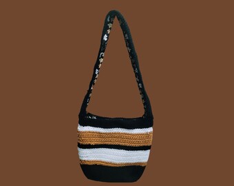 Crochet Crossbody Bag with fabric lining, Neutrals with Caramel