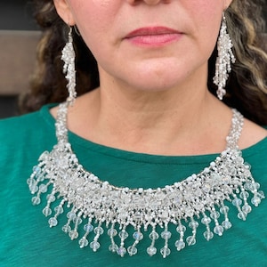 Necklace & Earring Set Statement Mexican Huichol  - Beaded Collar Necklace Crystal Color Statement Necklace - Handmade Beaded Collar