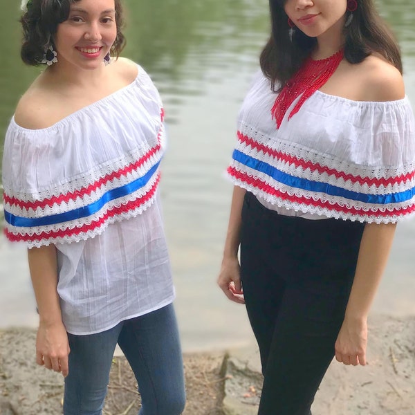 4th of July Mexican Blouse Handmade Artisan Sailcloth Summer Women's Shirt USA colors Red, White, and Blue