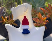 Handmade Red White and Blue Thread Tassel Earrings for 4th of July Holiday Handmade Tassel Earrings Festival Boho Style Earrings