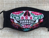 Handmade Face mask Reusable Face Mask Poplin filter Embroidered Skull Face Mask Día de Muertos Mexican Sugar Skull Halloween Face mask