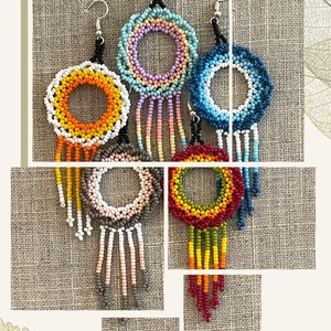 Unique Mexican Beaded Dangle Earrings/Multicolored Hoop Dangle Earrings/ Seed Bead Chaquira Earrings/ Colorful Statement Summer Earrings image 2