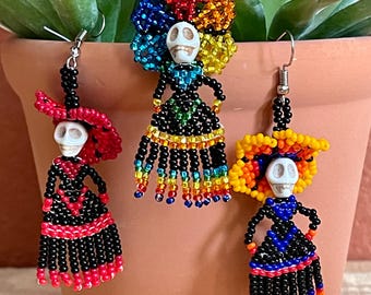 Beaded Catrina Earrings, Dancing Skull, Day of the Dead Jewelry