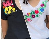 Mexican Embroidered T-Shirts - Handmade Playero Tee Mexican Boho Design - Floral Embroidered Cotton Comfortable Casual Shirt