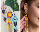 Unique Mexican Flower Beaded Dangle Earrings/Multicolored/ Chaquira