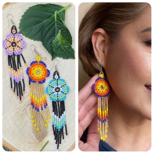 Unique Mexican Flower Beaded Dangle Earrings/Multicolored/ Chaquira image 1