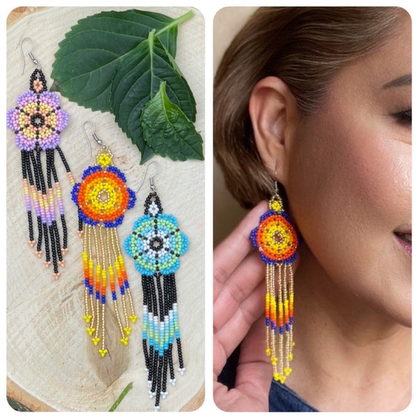 Unique Mexican Flower Beaded Dangle Earrings/Multicolored/ Chaquira