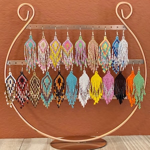 Beaded Earrings, Huichol Earrings, Mayan Earrings, Artisan Made Beaded Indigenous Mexican Earrings, Unique Rainbow Earrings