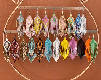 Beaded Earrings, Huichol Earrings, Mayan Earrings, Artisan Made Beaded Indigenous Mexican Earrings, Unique Rainbow Earrings
