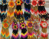 Unique Mexican Flower Beaded Dangle Earrings/Multicolored/ Chaquira