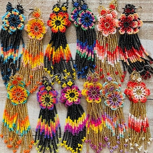 Unique Mexican Flower Beaded Dangle Earrings/Multicolored/ Chaquira