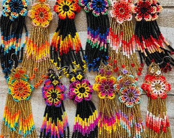 Unique Mexican Flower Beaded Dangle Earrings/Multicolored/ Chaquira