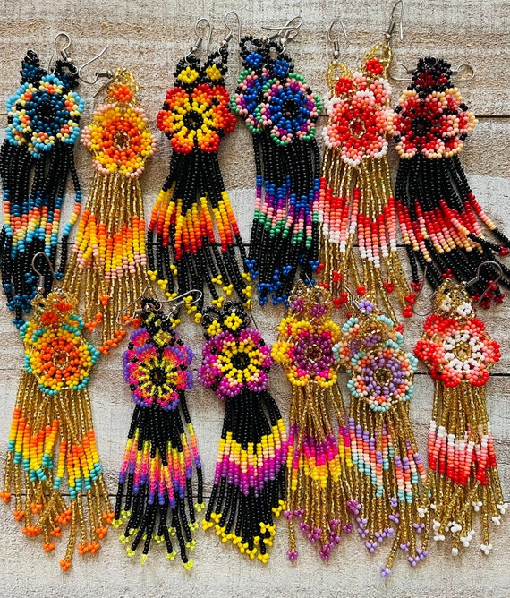 Unique Mexican Flower Beaded Dangle Earrings Multicolored Chaquira Huichol Earrings Mayan Earrings Mexican Earrings Mexican Jewelry Etsy