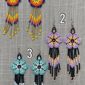 Unique Mexican Flower Beaded Dangle Earrings/Multicolored/ Chaquira image 3