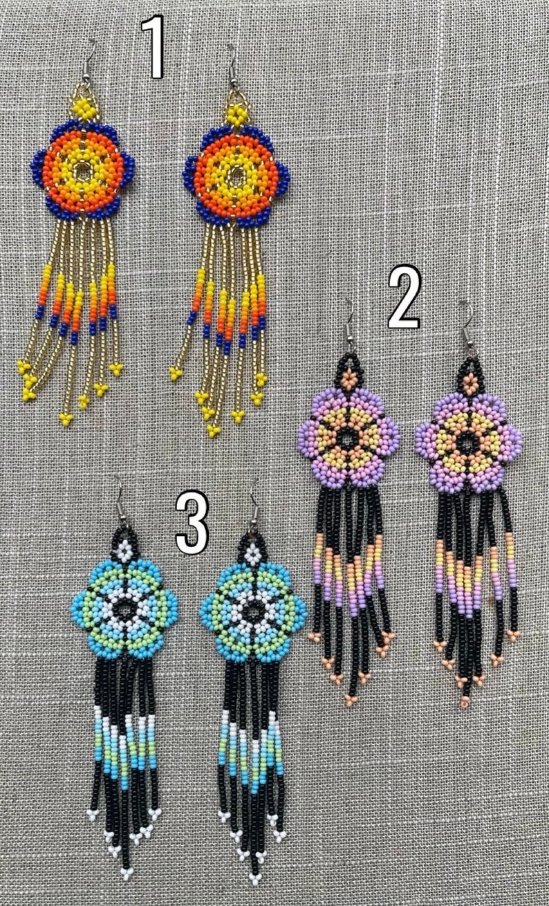 Unique Mexican Flower Beaded Dangle Earrings/Multicolored/ Chaquira image 3