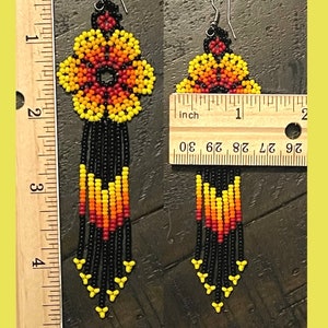 Unique Mexican Flower Beaded Dangle Earrings/Multicolored/ Chaquira image 2