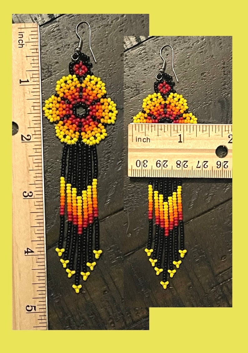 Unique Mexican Flower Beaded Dangle Earrings/Multicolored/ Chaquira image 2