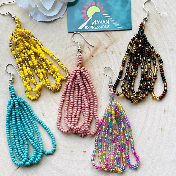 Mexican Beaded “Chaquira” Earrings, Mayan Artesanías, holiday earrings, indigenous earrings, long earring