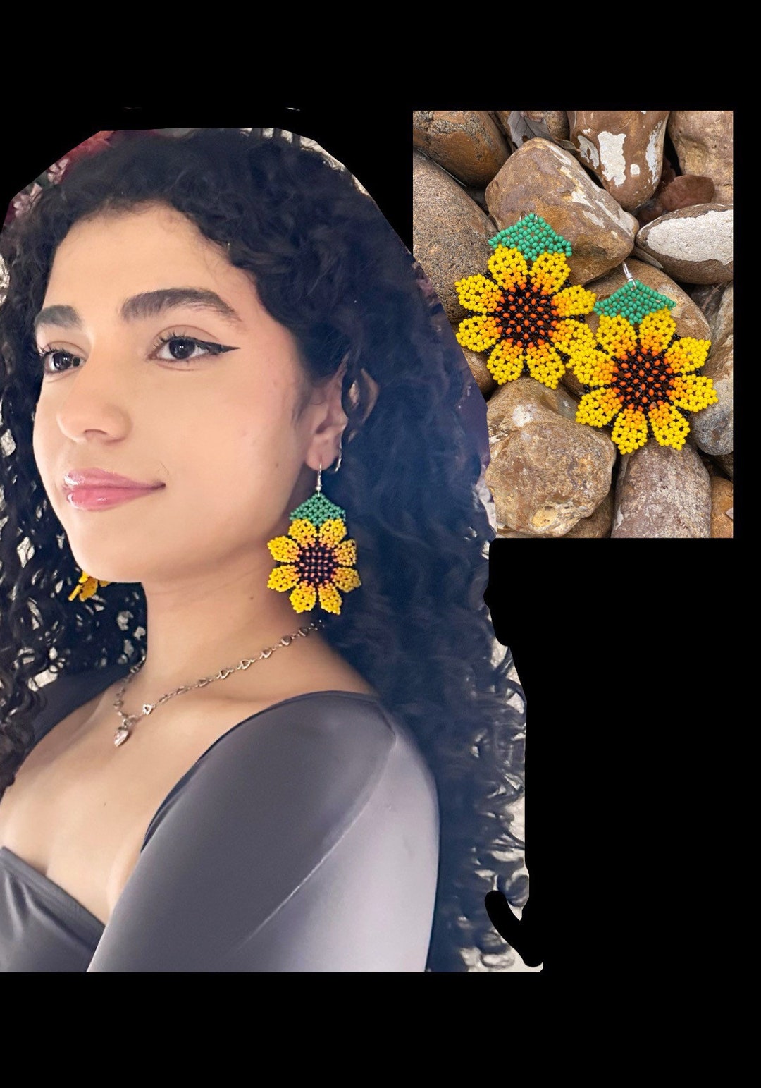 Sunflower Earrings, Beaded Sunflower Large, Mexican Chaquira Earrings