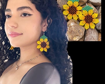 Sunflower Earrings, Beaded Sunflower Large, Mexican Chaquira Earrings Summer Jewelry, Flowers Earrings, Girasoles