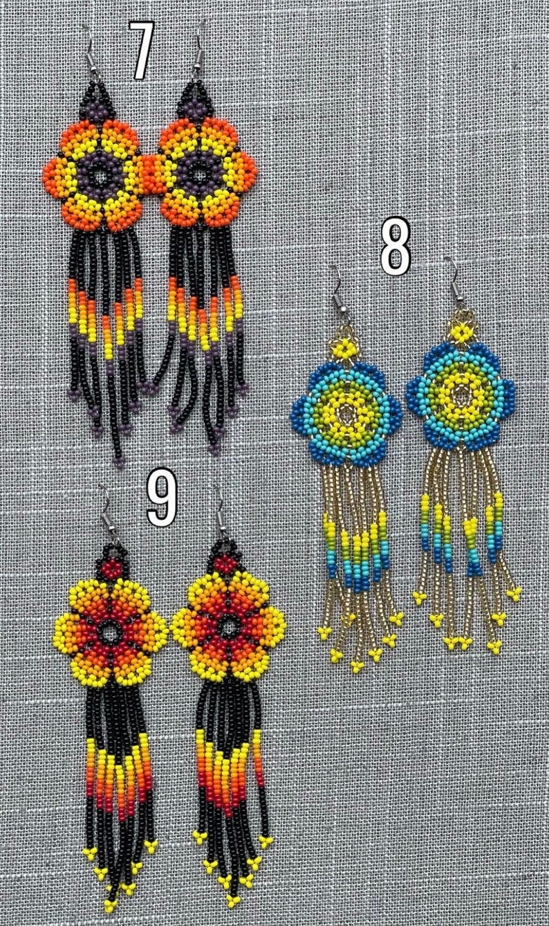 Unique Mexican Flower Beaded Dangle Earrings/Multicolored/ Chaquira image 5