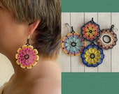 Unique Mexican Flower Beaded Dangle Earrings/Multicolored/ Chaquira