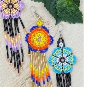 Unique Mexican Flower Beaded Dangle Earrings/Multicolored/ Chaquira