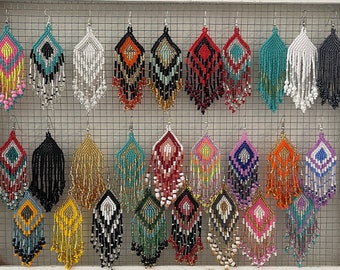 Large Mexican Huichol Earrings -  Beaded Indigenous Mexican Earrings - Unique Rainbow Earrings