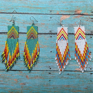 Mexican Huichol “Chaquira” Earrings, Mayan Artesanías, holiday earrings, indigenous earrings, long earrings