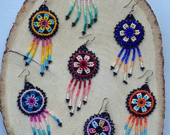 Huichol Beaded Medallion Earrings: Handmade Floral Dangle Earrings